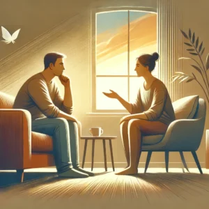 차분한 분위기에서 두 사람이 대화를 나누는 모습. 한 사람은 진지한 표정으로 경청하고, 다른 한 사람은 손짓을 하며 감정을 조절하며 대화하는 장면. 배경은 따뜻한 조명과 실내 공간으로 이루어져 있음.캡션: 감정을 조절하며 차분하게 대화를 나누는 두 사람의 모습